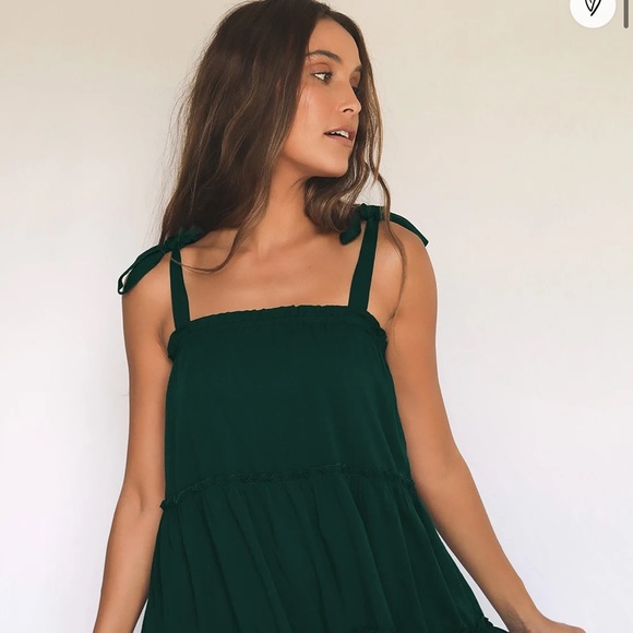 Lulus Tiered Tied Strap Mini Dress- Hunter Green - Picture 5 of 7